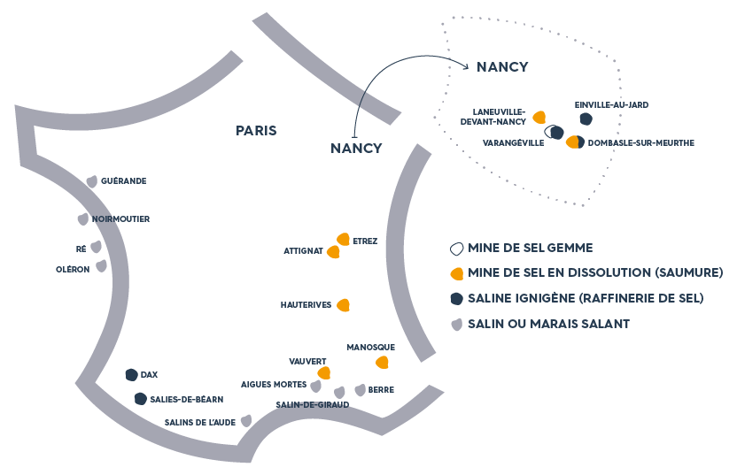 Panorama  des modes de production du sel, les lieux de production en France